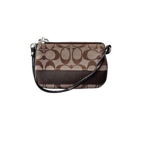 Coach F47790 Signature Stripe Jacquard Leather Wristlet Coin Wallet Clutch Case